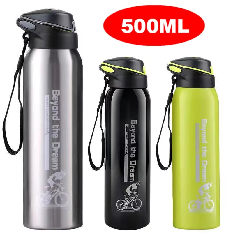 500ML Bicycle Water Bottle Vacuum Stainless Steel Cycling Water Bottle Double Walled Simple Thermo Mug Insulated with Straw